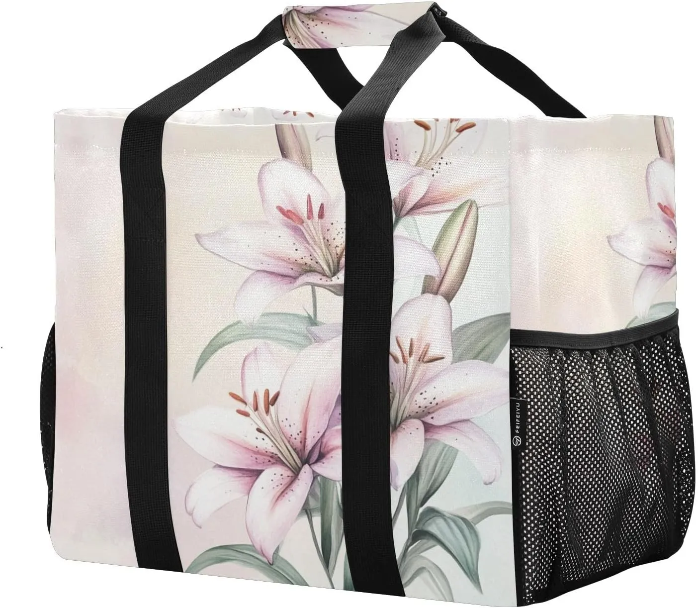 ALAZA Cute Doodle White Lily Waterproof Beach Tote Bags