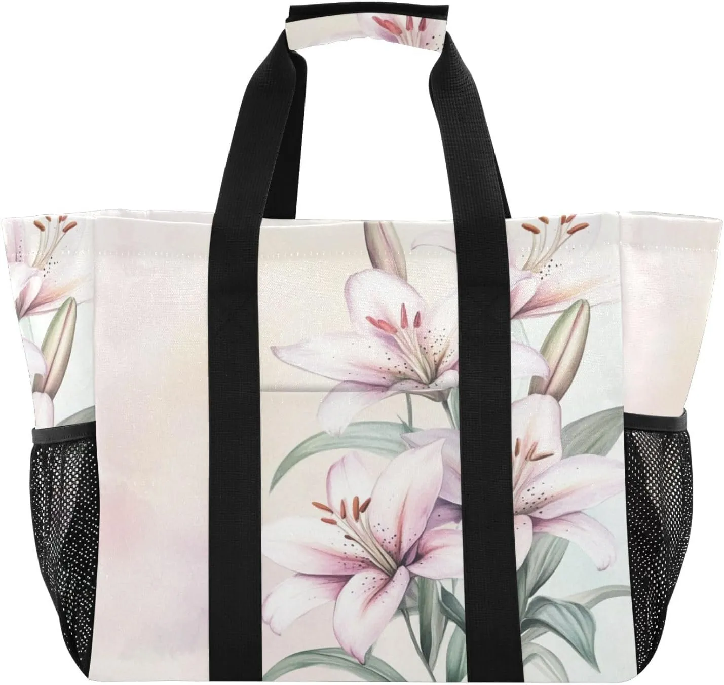 ALAZA Cute Doodle White Lily Waterproof Beach Tote Bags