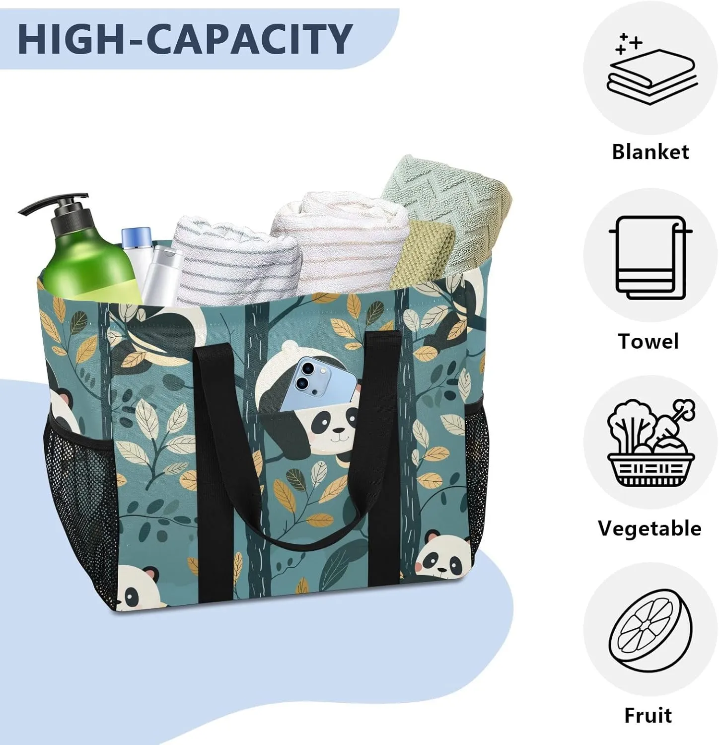 ALAZA Cute Panda and Star on Pink Waterproof Beach Tote Bags