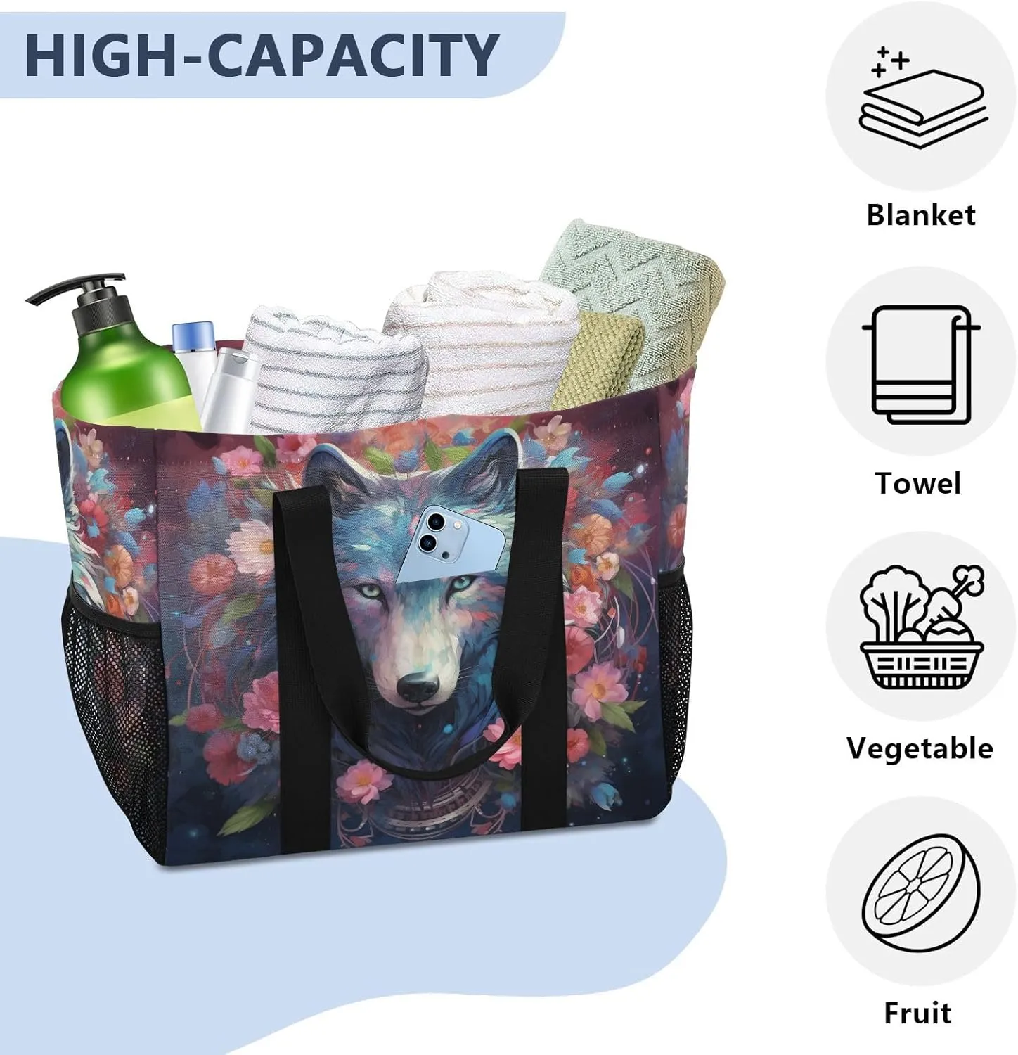 ALAZA Wolf Portrait Flower Waterproof Beach Tote Bags