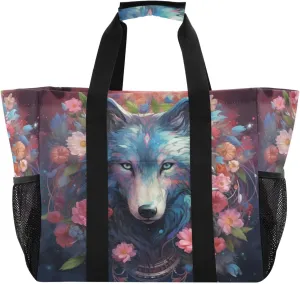 ALAZA Wolf Portrait Flower Waterproof Beach Tote Bags