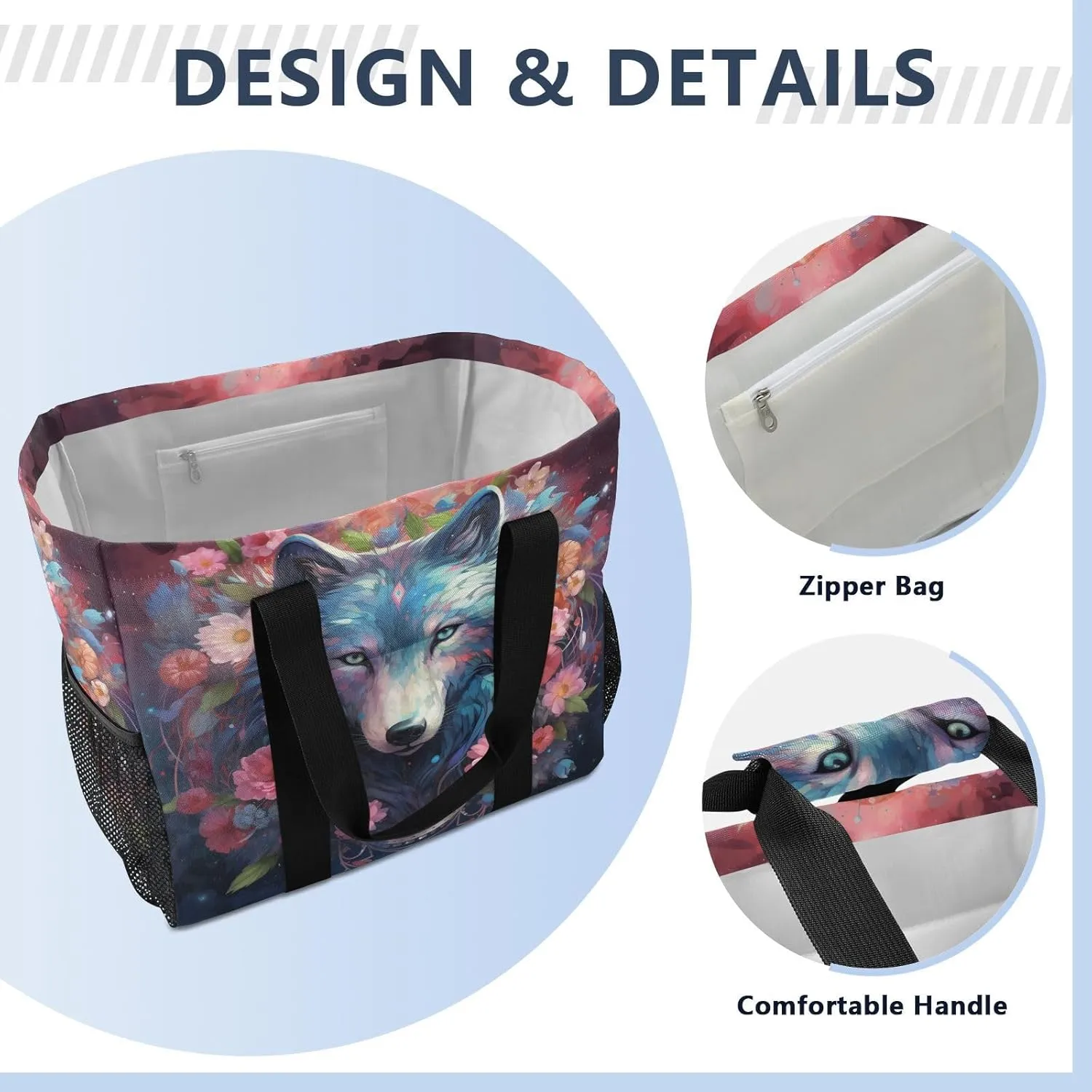 ALAZA Wolf Portrait Flower Waterproof Beach Tote Bags