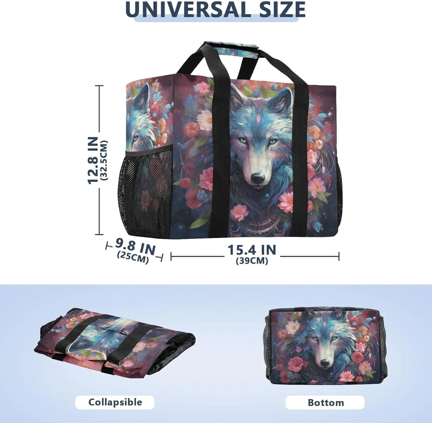 ALAZA Wolf Portrait Flower Waterproof Beach Tote Bags