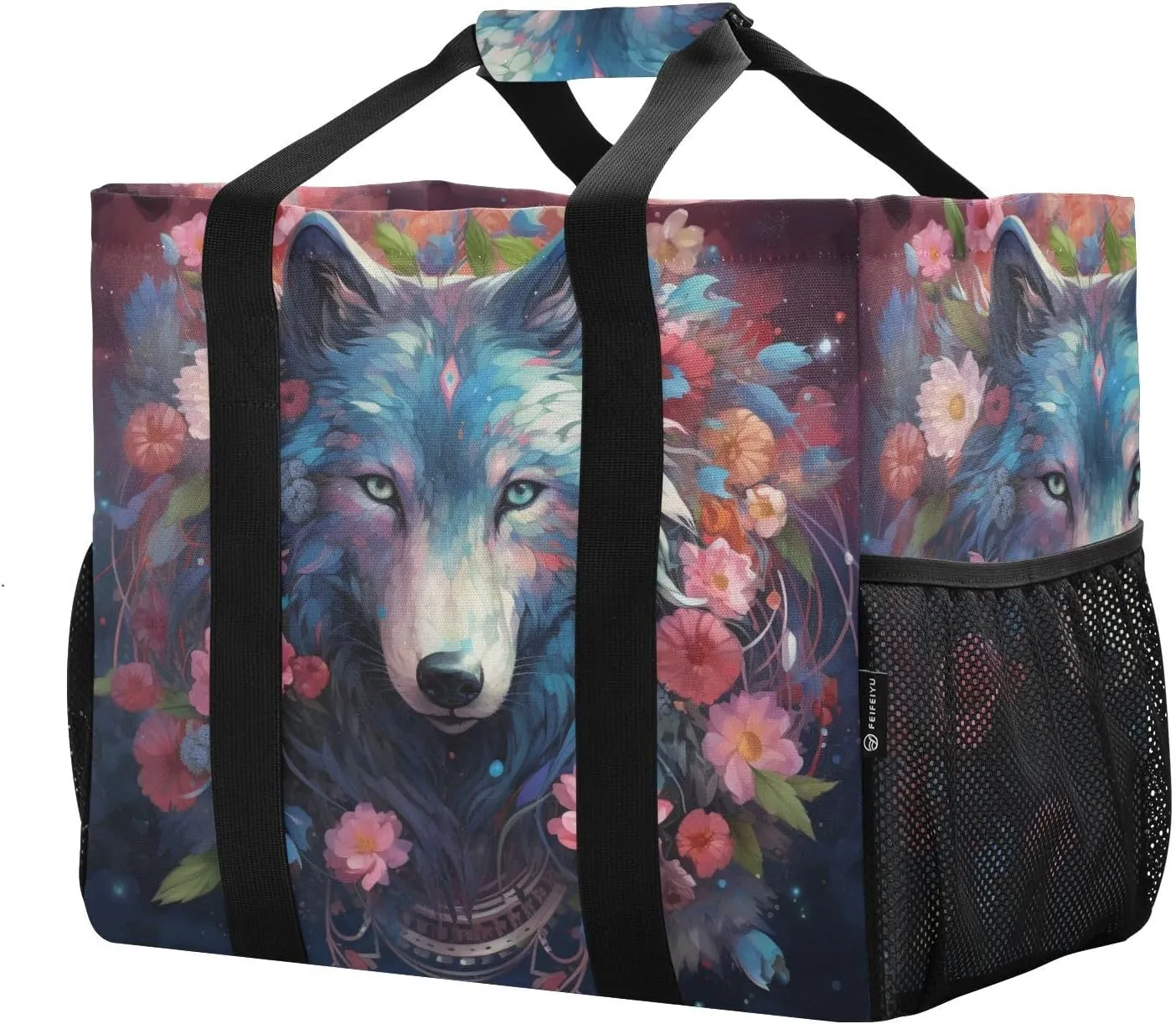 ALAZA Wolf Portrait Flower Waterproof Beach Tote Bags