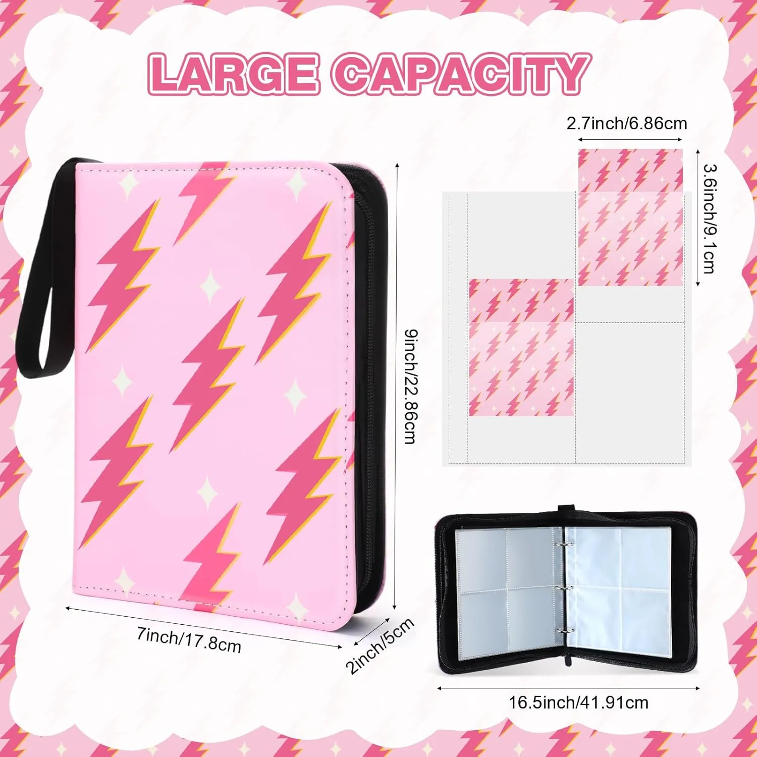 Aliceset Card Binder for Girls Gifts 4 Pocket with 55 Sleeves 440 Cards Collectible Trading Binder Case Cute Album Holder Book for Game Sports Collection Organizer Supply(Pink Lightning)