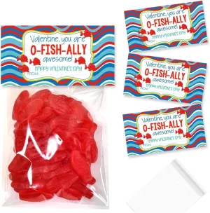 Amanda Creation Red Gummy Fish Themed Happy Valentine's Day Bag Toppers for Party Favor Treat Bags, Set of 20 Bag Toppers With 20 Self-Adhesive Bags Also Included