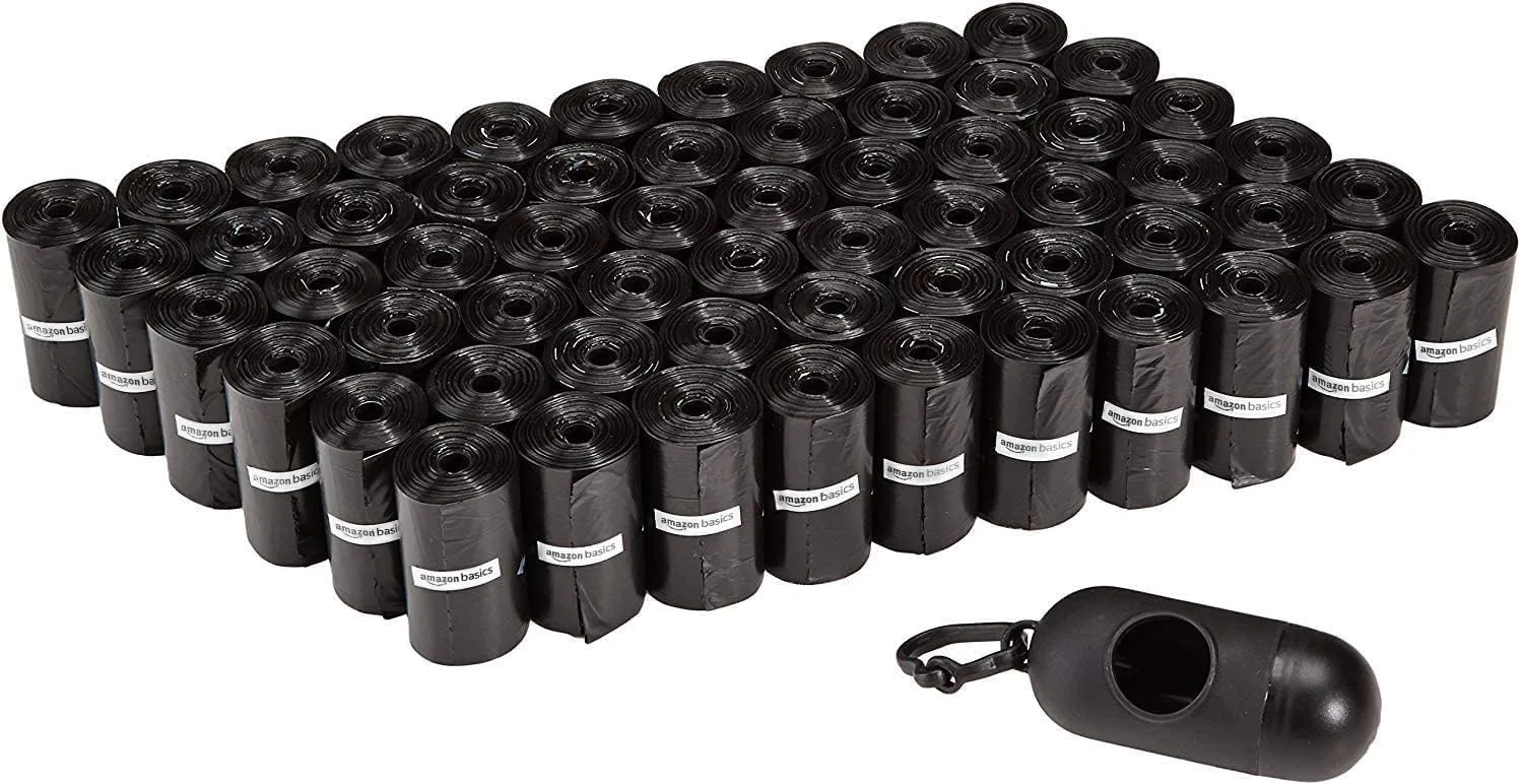 Amazon Basics Dog Poop Bags with Dispenser, 600 Count, Enhanced for Guaranteed Leakproof, Unscented, Includes Leash Clip