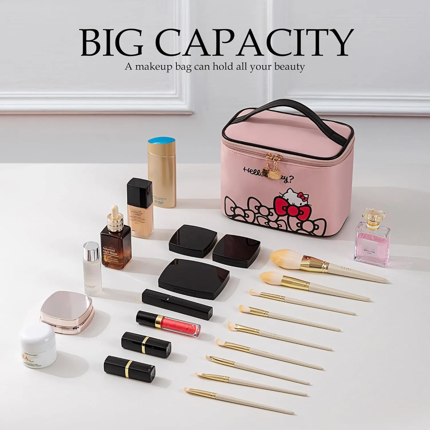 AmBealla Makeup Bag Large Waterproof Cosmetic Bags with Makeup Brush Holder, Cute Printed Makeup Organizer for Women Traveling,Portable Toiletry Bag for Girls