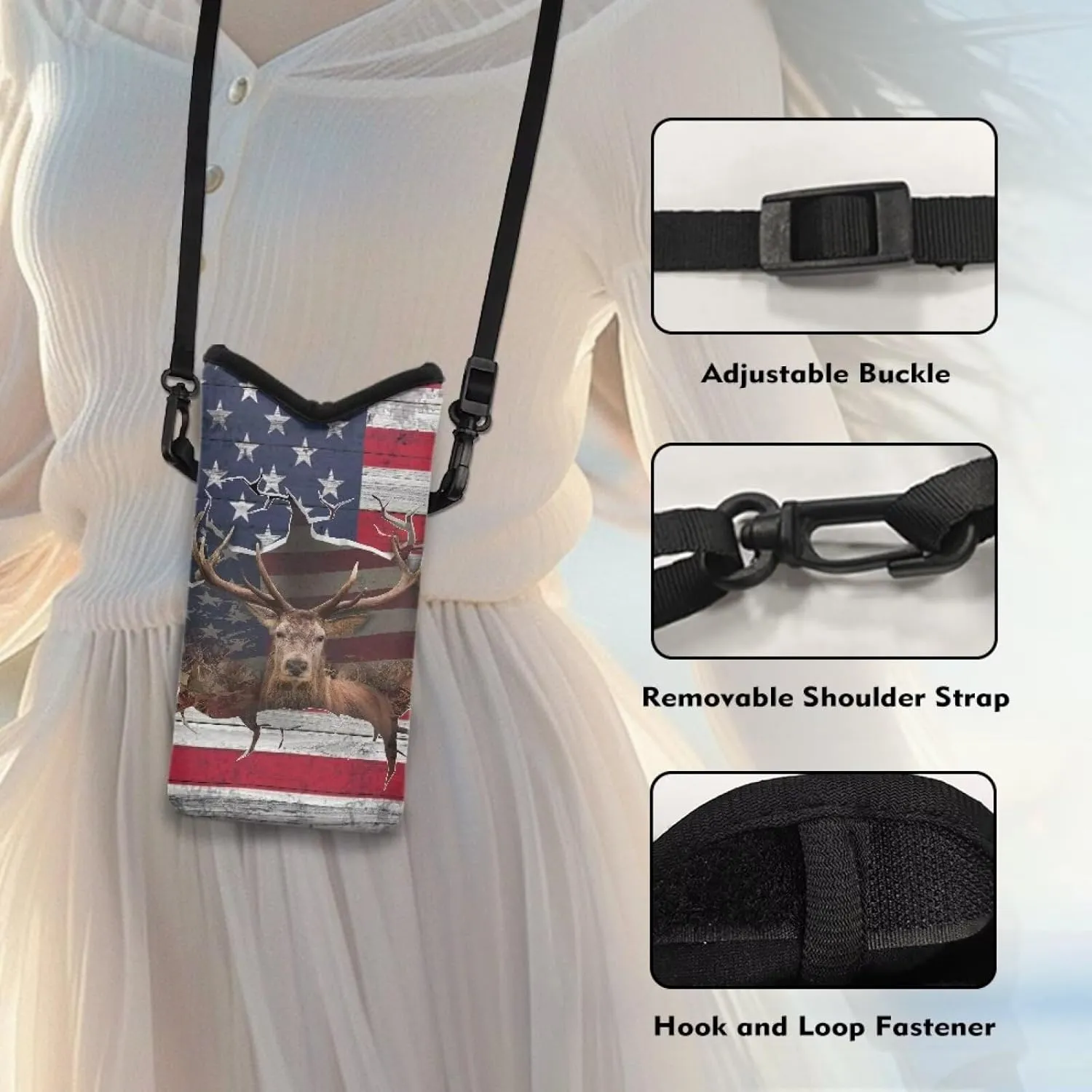 American Flag Elk Print Universal Crossbody Phone Pouch with Adjustable Strap Compact Mini Shoulder Cell Phone Bag for Women Men Mobile Phone Bag