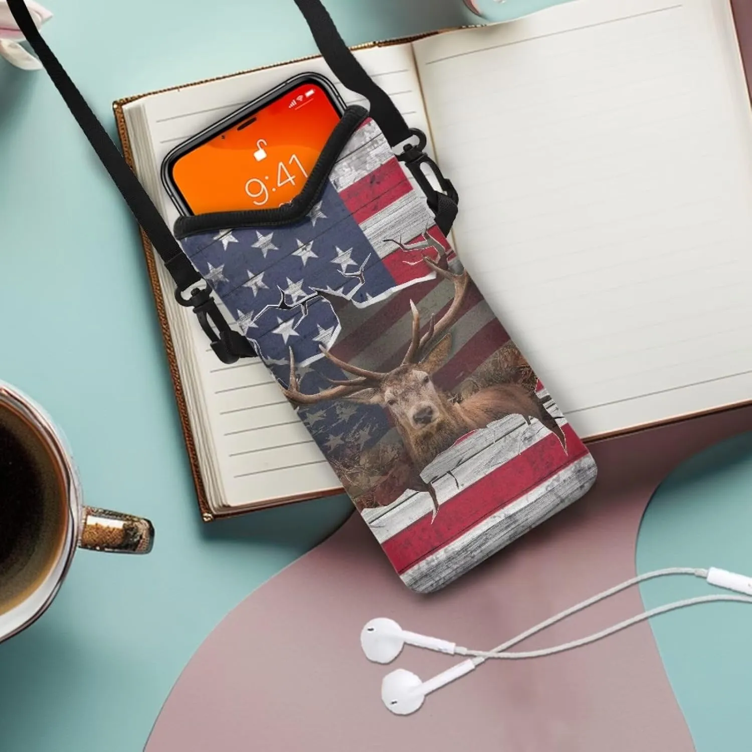 American Flag Elk Print Universal Crossbody Phone Pouch with Adjustable Strap Compact Mini Shoulder Cell Phone Bag for Women Men Mobile Phone Bag