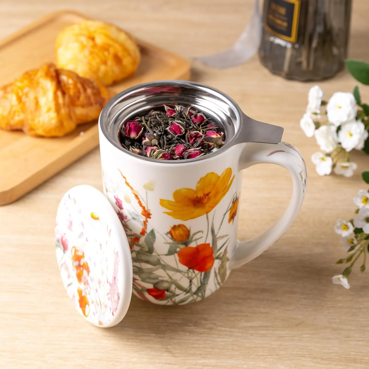 AmorArc Porcelain Tea Mug with Infuser and Lid, 18 Oz Tea Cup Strainer with Tea Bag Holder for Loose Leaf Tea, Steeping Coffee Mug for House-warming Wedding Birthday Gift, ATC037
