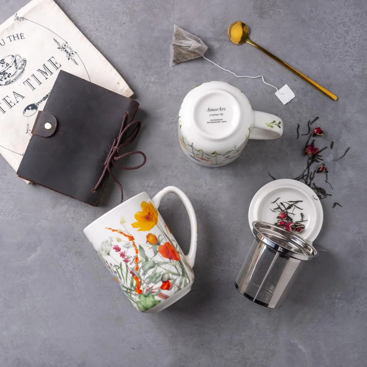 AmorArc Porcelain Tea Mug with Infuser and Lid, 18 Oz Tea Cup Strainer with Tea Bag Holder for Loose Leaf Tea, Steeping Coffee Mug for House-warming Wedding Birthday Gift, ATC037