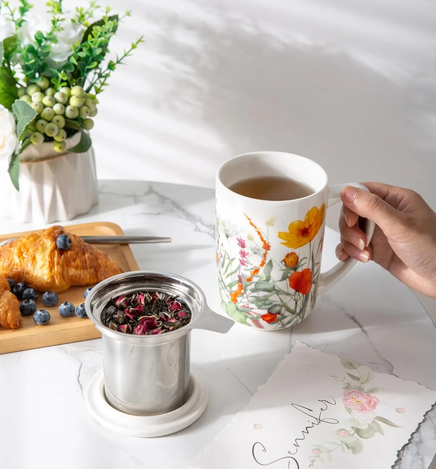 AmorArc Porcelain Tea Mug with Infuser and Lid, 18 Oz Tea Cup Strainer with Tea Bag Holder for Loose Leaf Tea, Steeping Coffee Mug for House-warming Wedding Birthday Gift, ATC037