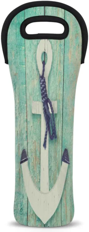 Anchor Plank Stripe Wine Gift Tote Bag Neoprene Single Bottle Holder 750ml Durable Wine Carrier for Travel Wedding Festival Favors, 5.1 X 15.6 In
