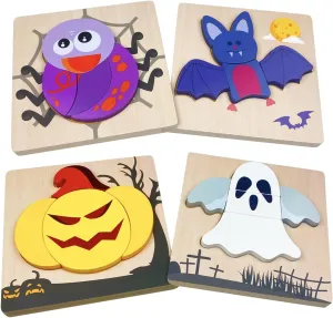 Anditoy 4 Pack Wooden Puzzles for Kids & Toddlers - Halloween Toys & Party Favors