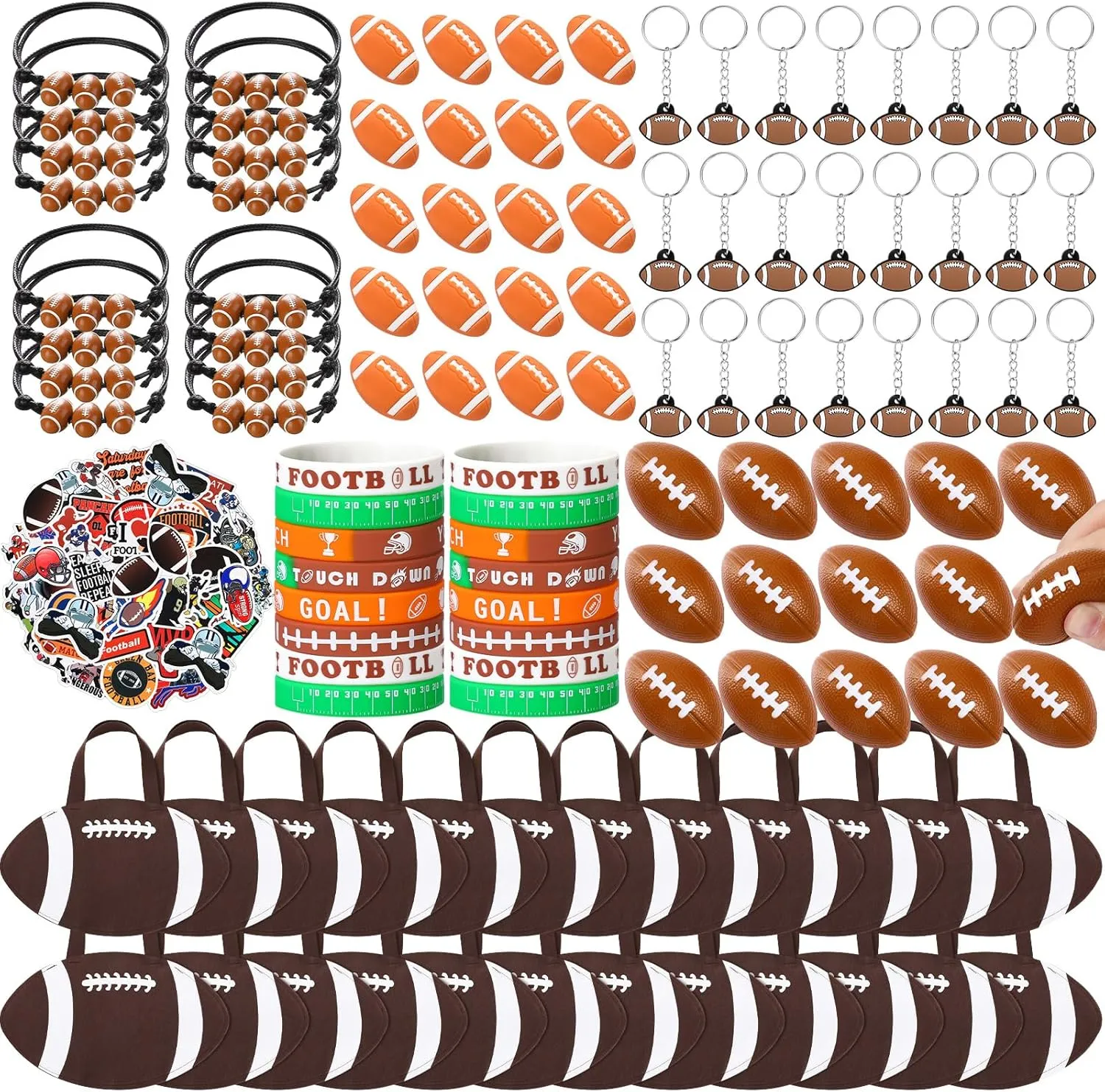 Aoriher 194 Pcs Football Party Favors Set - Silicone Charm Bracelets, Mini Football Bouncy Balls, Toy Keychains, Non Woven Gift Goodie Bags, Sticker Eraser for Sports Party Supplies