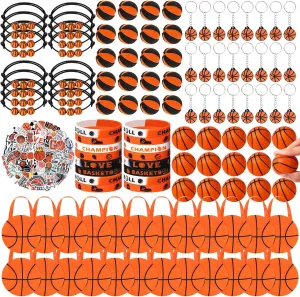Aoriher 194Pcs Basketball Party Favors Set - Silicone Charm Bracelets, Mini Basketball Bouncy Balls, Toy Keychains, Non Woven Gift Goodie Bags, Sticker Eraser for Sports Party Supplies