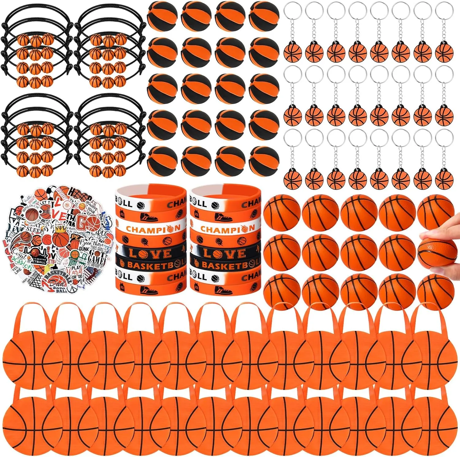Aoriher 194Pcs Basketball Party Favors Set - Silicone Charm Bracelets, Mini Basketball Bouncy Balls, Toy Keychains, Non Woven Gift Goodie Bags, Sticker Eraser for Sports Party Supplies