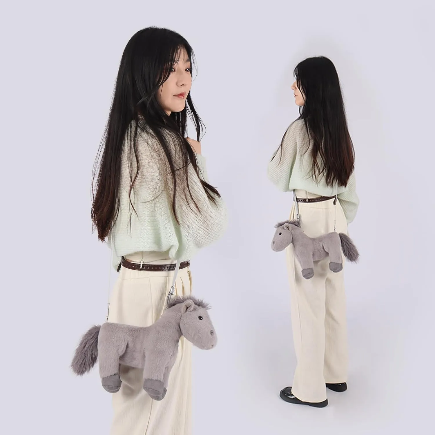 Apricot Lamb Pony Horse Shaped Crossbody Plush Purse, Stuffed Animal Shoulder Bag, Kids Fashion Handbags, 11.9 Inches