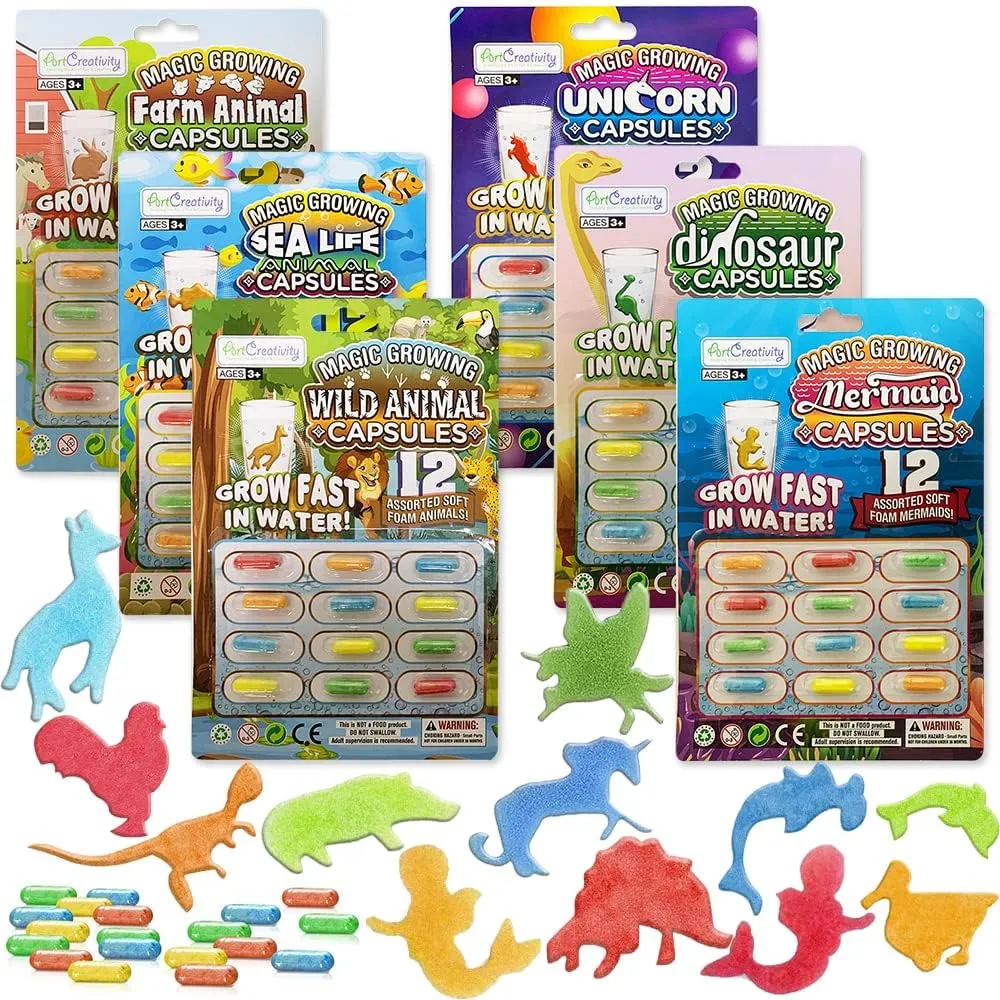 ArtCreativity Magic Growing Animal Capsules, 6 Theme Packs, 72 Capsules, Unicorn, Mermaid, Dinosaur, Sea Life, Wild Animal, Farm Animal - Magic Grow Water Toys, Easter Basket, Party Favor for Kids
