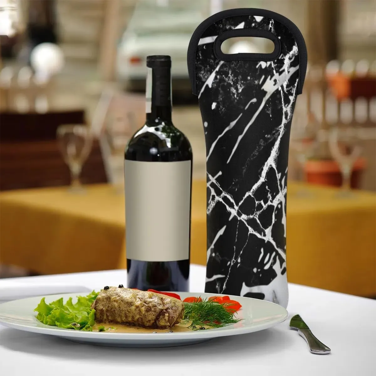 Artificial Marble Wine Carrier Tote Bag Insulated Neoprene Wine Bag Tote Single Bottle Protective Travel Bag Beer Wine Cooler Bag with Secure Carry Handle 750 ml Wine Gifts for Women Men