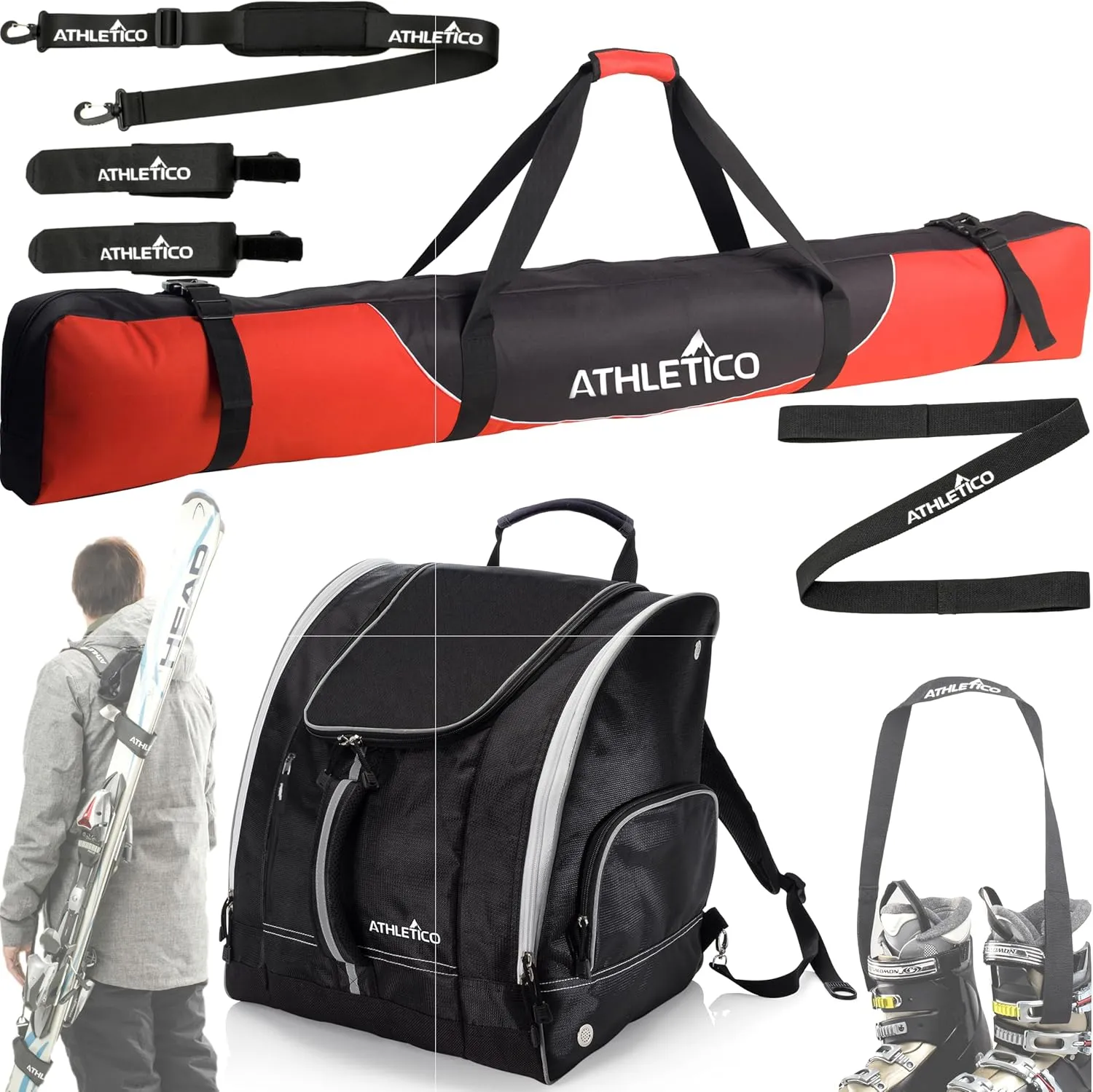 Athletico Mogul Padded Ski Bag Bundle - Ski Bag   Boot Bag   Boot Strap   Carrier