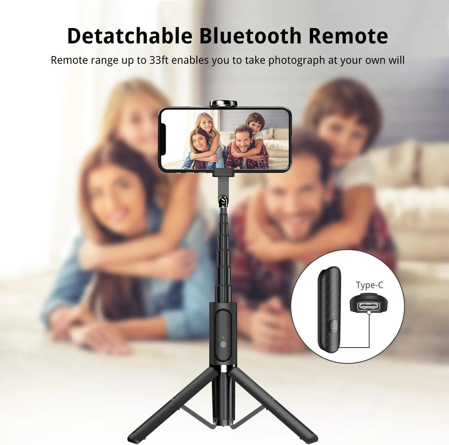 ATUMTEK Selfie Stick Tripod, Extendable 3 in 1 Aluminum Bluetooth Selfie Stick with Wireless Remote and Tripod Stand for iPhone 16/15/14/13/12/11 Pro Max/XS Max/XS/XR/X/8/7, Samsung Smartphones Black