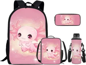 Axolotl Kids Backpack Set 4Pcs with Lunch Box Pencil Case School Backpack Multifunctional Pencil Case and Water Bottle Case Cover Side Pockets Tablet Compartment Gift for Girls Boys