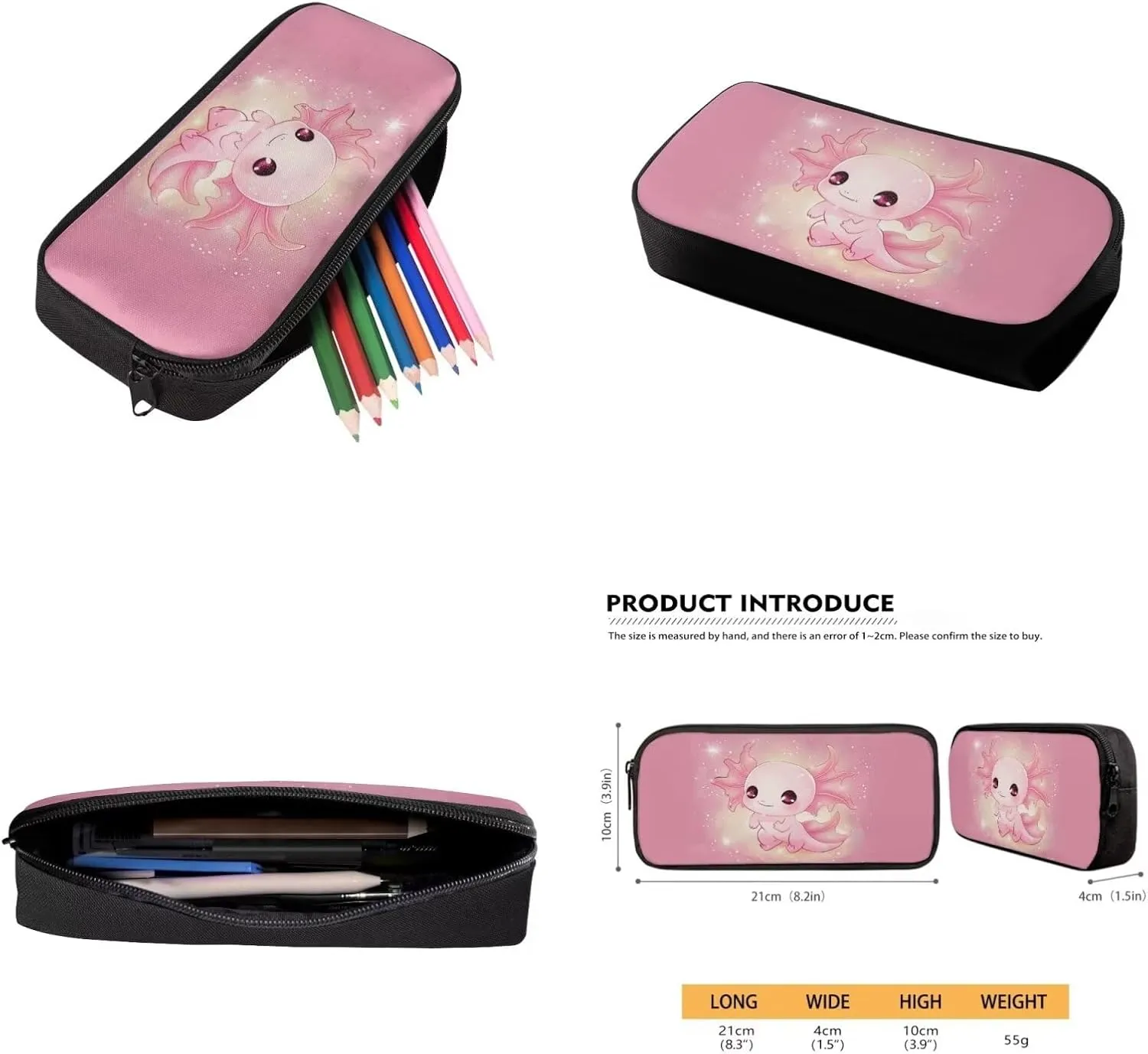 Axolotl Kids Backpack Set 4Pcs with Lunch Box Pencil Case School Backpack Multifunctional Pencil Case and Water Bottle Case Cover Side Pockets Tablet Compartment Gift for Girls Boys