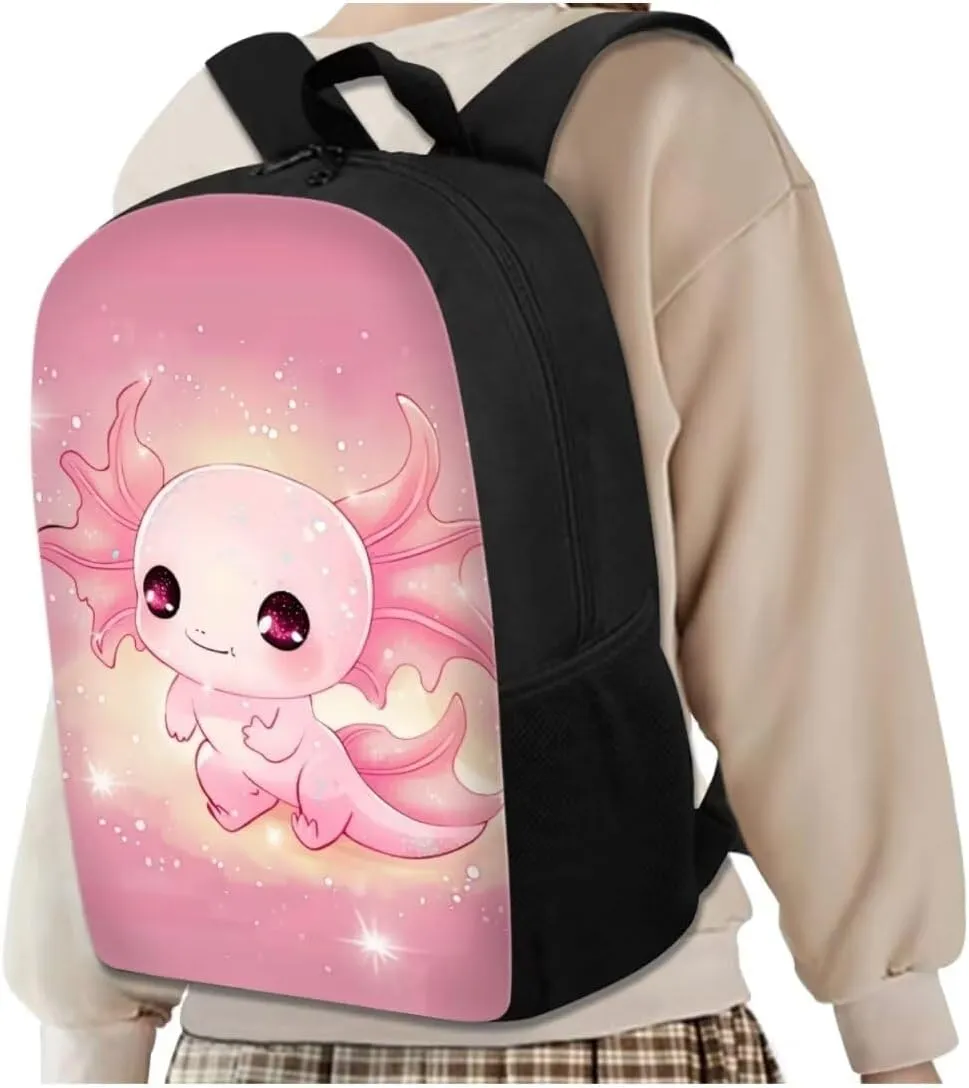 Axolotl Kids Backpack Set 4Pcs with Lunch Box Pencil Case School Backpack Multifunctional Pencil Case and Water Bottle Case Cover Side Pockets Tablet Compartment Gift for Girls Boys
