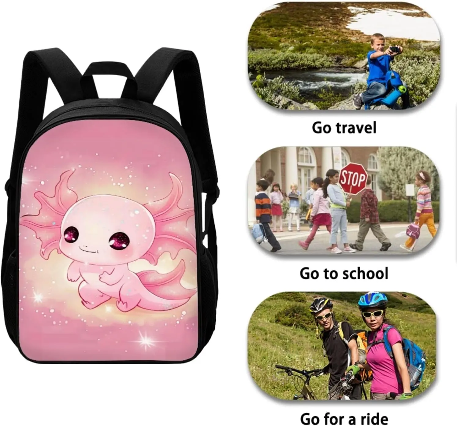 Axolotl Kids Backpack Set 4Pcs with Lunch Box Pencil Case School Backpack Multifunctional Pencil Case and Water Bottle Case Cover Side Pockets Tablet Compartment Gift for Girls Boys