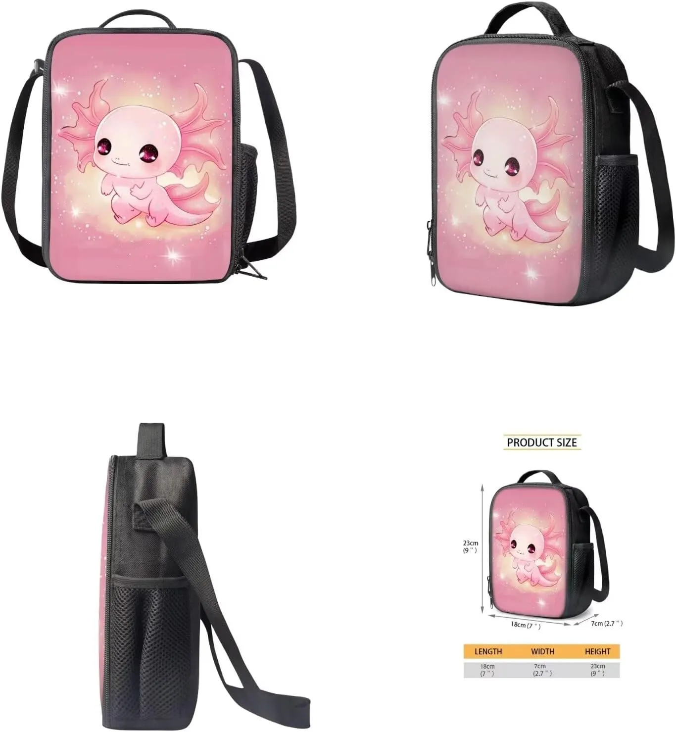 Axolotl Kids Backpack Set 4Pcs with Lunch Box Pencil Case School Backpack Multifunctional Pencil Case and Water Bottle Case Cover Side Pockets Tablet Compartment Gift for Girls Boys