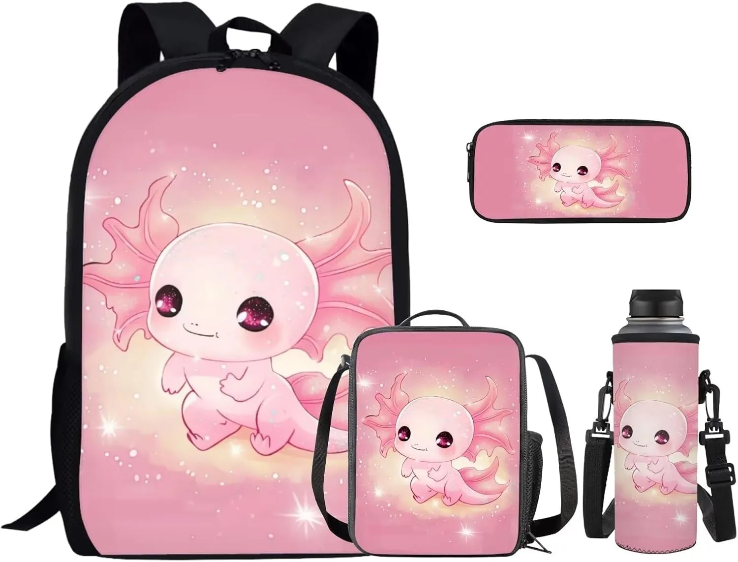 Axolotl Kids Backpack Set 4Pcs with Lunch Box Pencil Case School Backpack Multifunctional Pencil Case and Water Bottle Case Cover Side Pockets Tablet Compartment Gift for Girls Boys