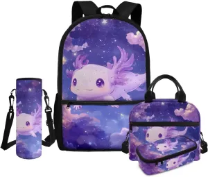 Axolotl Purple Elementary Backpack for Girls 4 Piece Bookbag with Lunchbox Ages 8-10 with Padded Straps 3D Print 3rd Grade School Bag with Water Bottle Holder Book Bags