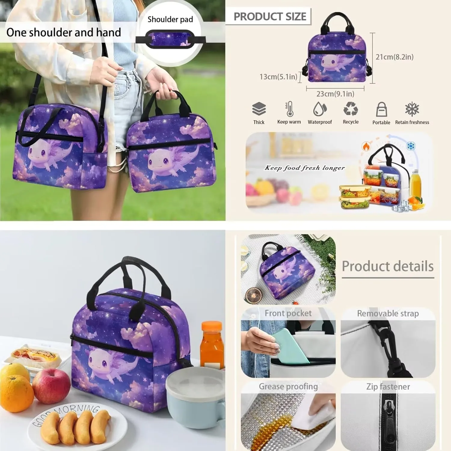 Axolotl Purple Elementary Backpack for Girls 4 Piece Bookbag with Lunchbox Ages 8-10 with Padded Straps 3D Print 3rd Grade School Bag with Water Bottle Holder Book Bags
