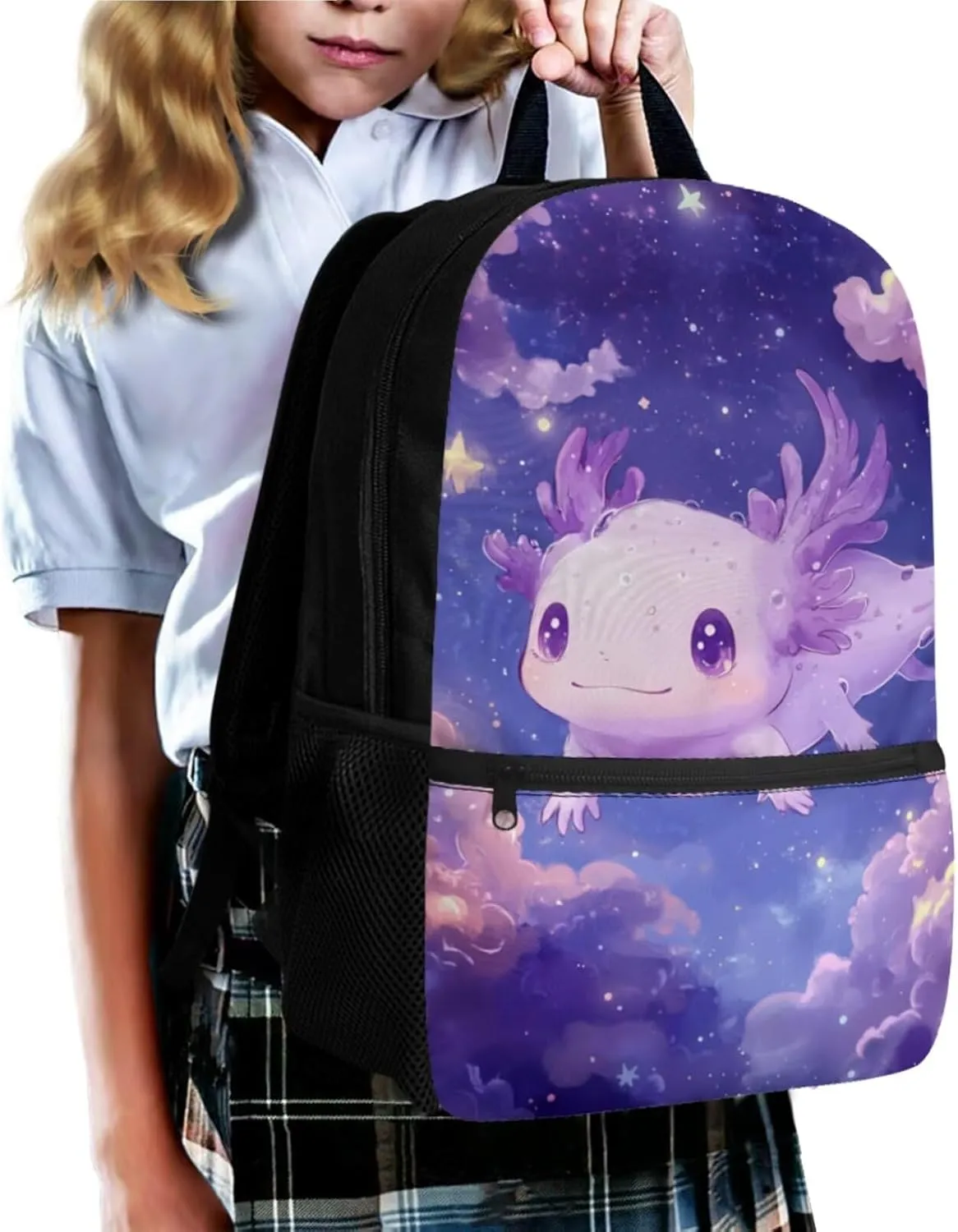 Axolotl Purple Elementary Backpack for Girls 4 Piece Bookbag with Lunchbox Ages 8-10 with Padded Straps 3D Print 3rd Grade School Bag with Water Bottle Holder Book Bags