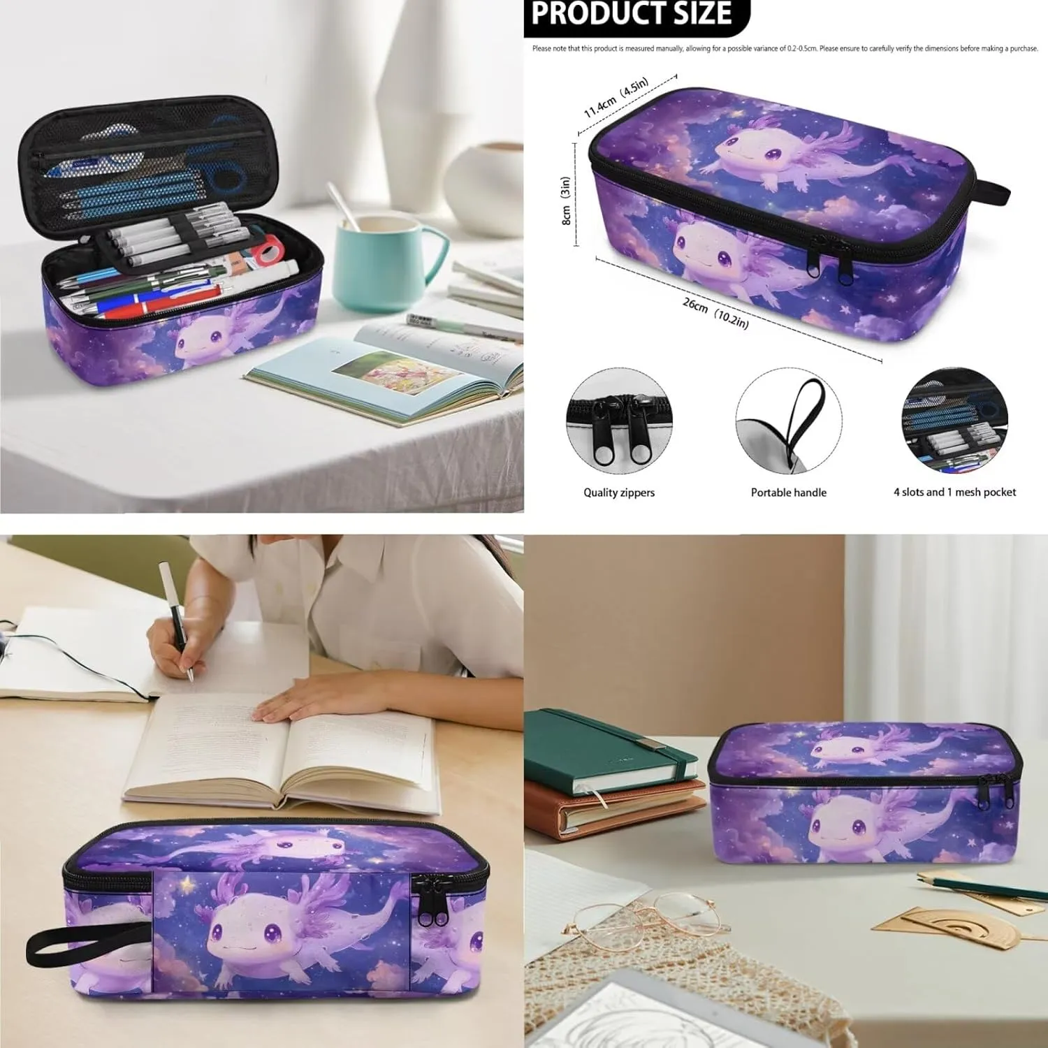 Axolotl Purple Elementary Backpack for Girls 4 Piece Bookbag with Lunchbox Ages 8-10 with Padded Straps 3D Print 3rd Grade School Bag with Water Bottle Holder Book Bags