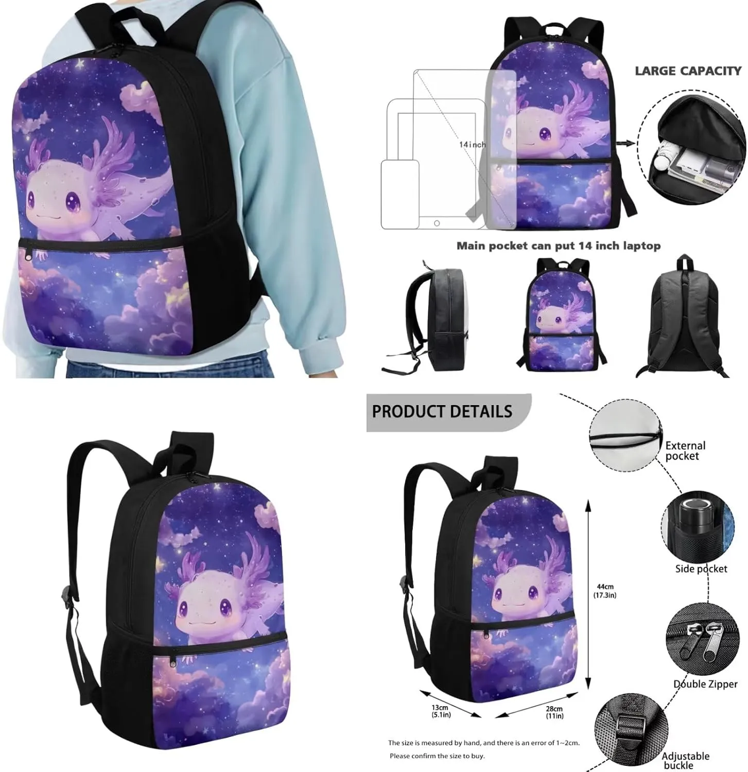 Axolotl Purple Elementary Backpack for Girls 4 Piece Bookbag with Lunchbox Ages 8-10 with Padded Straps 3D Print 3rd Grade School Bag with Water Bottle Holder Book Bags