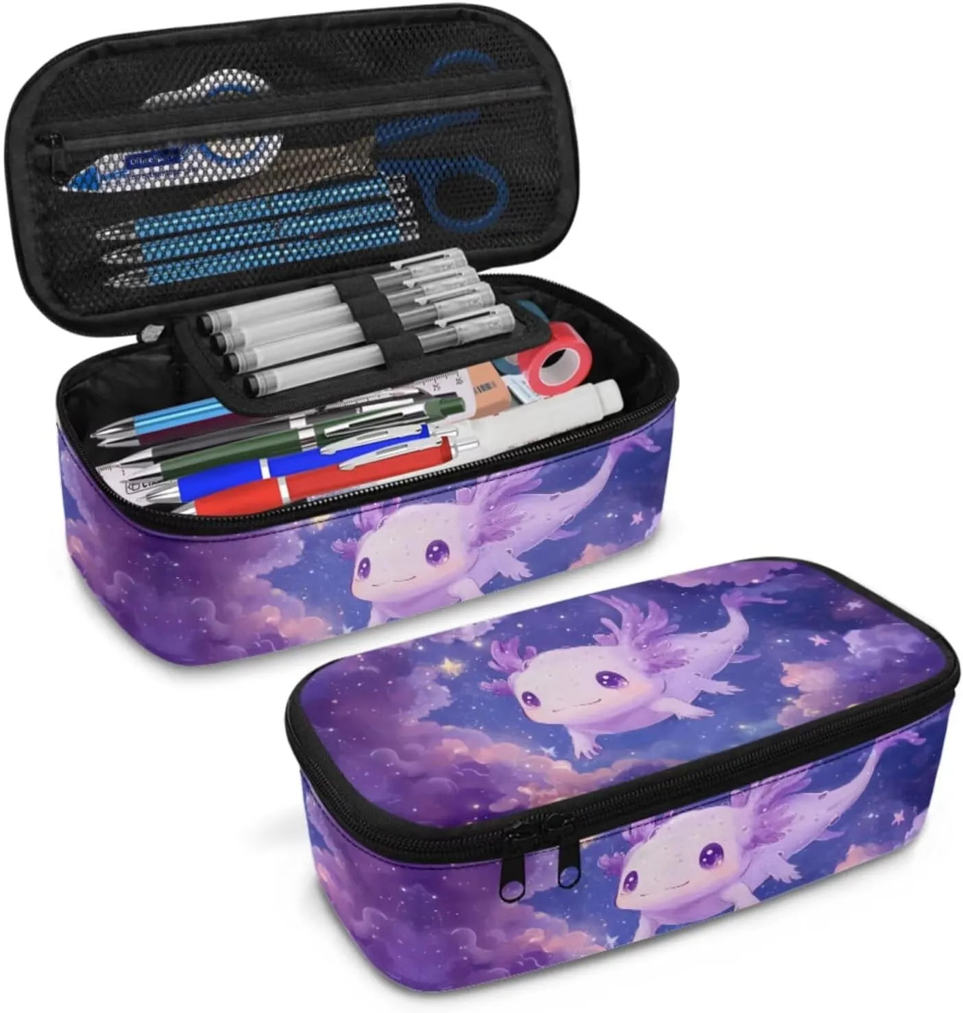 Axolotl Purple Elementary Backpack for Girls 4 Piece Bookbag with Lunchbox Ages 8-10 with Padded Straps 3D Print 3rd Grade School Bag with Water Bottle Holder Book Bags
