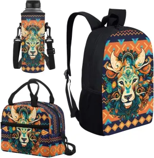 Aztec Lion Western Backpack for Boys Kids Thermal Lunch Boxes & Water Bottle Bag, 3-Pieces Bookbags Set for School Hiking Picnic