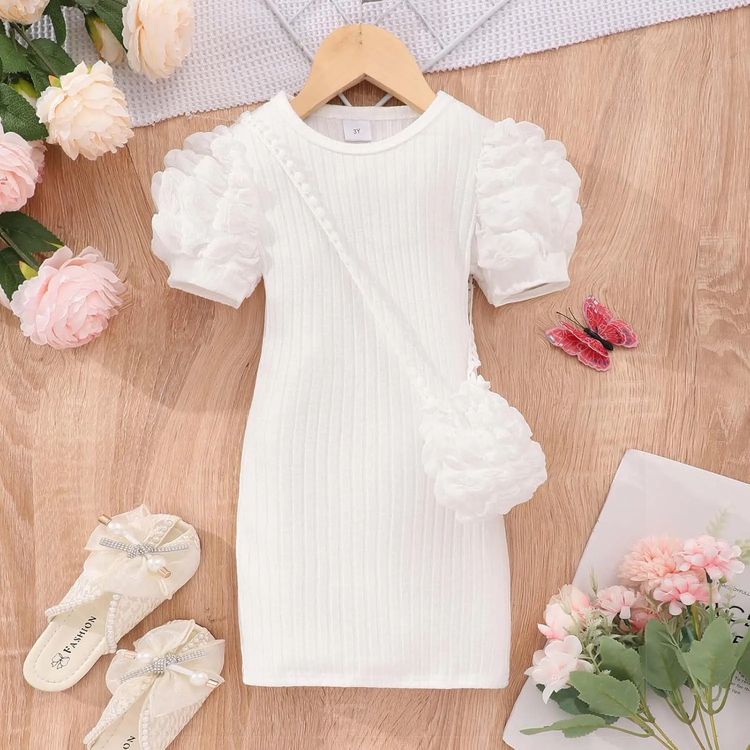 Baby Girl Short Bubble Sleeve Dress Crew Neck High Elastic Princess Dresses Stretch Solid Dress with Crossbody Bag
