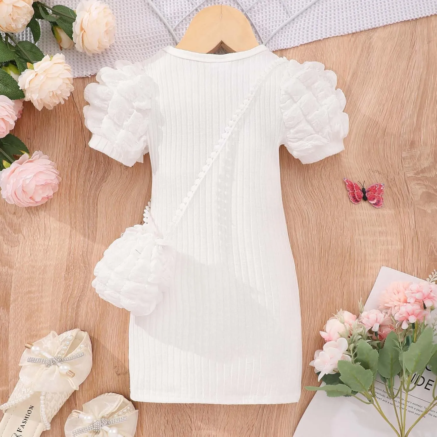 Baby Girl Short Bubble Sleeve Dress Crew Neck High Elastic Princess Dresses Stretch Solid Dress with Crossbody Bag