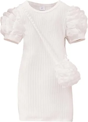 Baby Girl Short Bubble Sleeve Dress Crew Neck High Elastic Princess Dresses Stretch Solid Dress with Crossbody Bag
