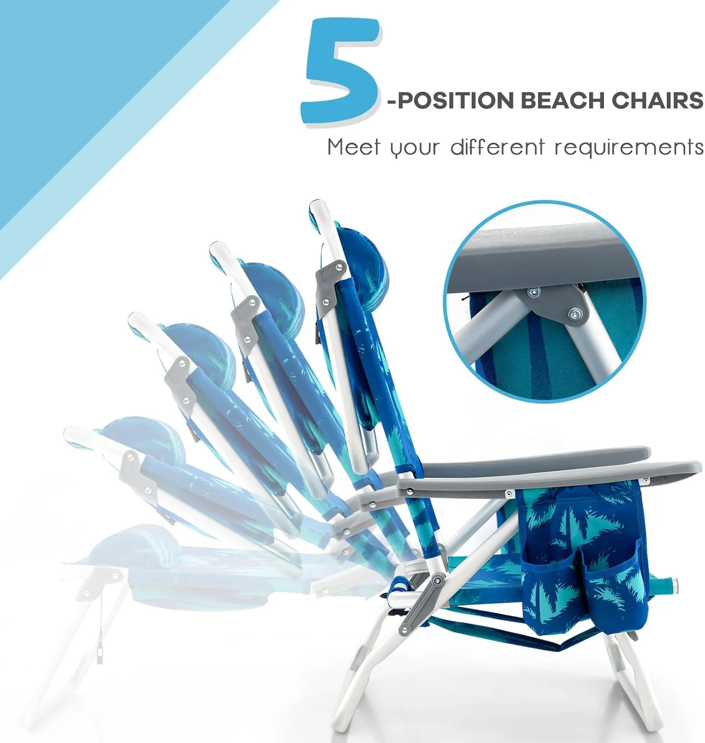 Backpack Beach Chairs Set, 5-Position Lawn Chair & Small Aluminum Table w/Cup Holder, Cooler Bag, Heavy Duty Lay Flat Folding Camping Chairs 3PCS for Fishing & Sunbathing