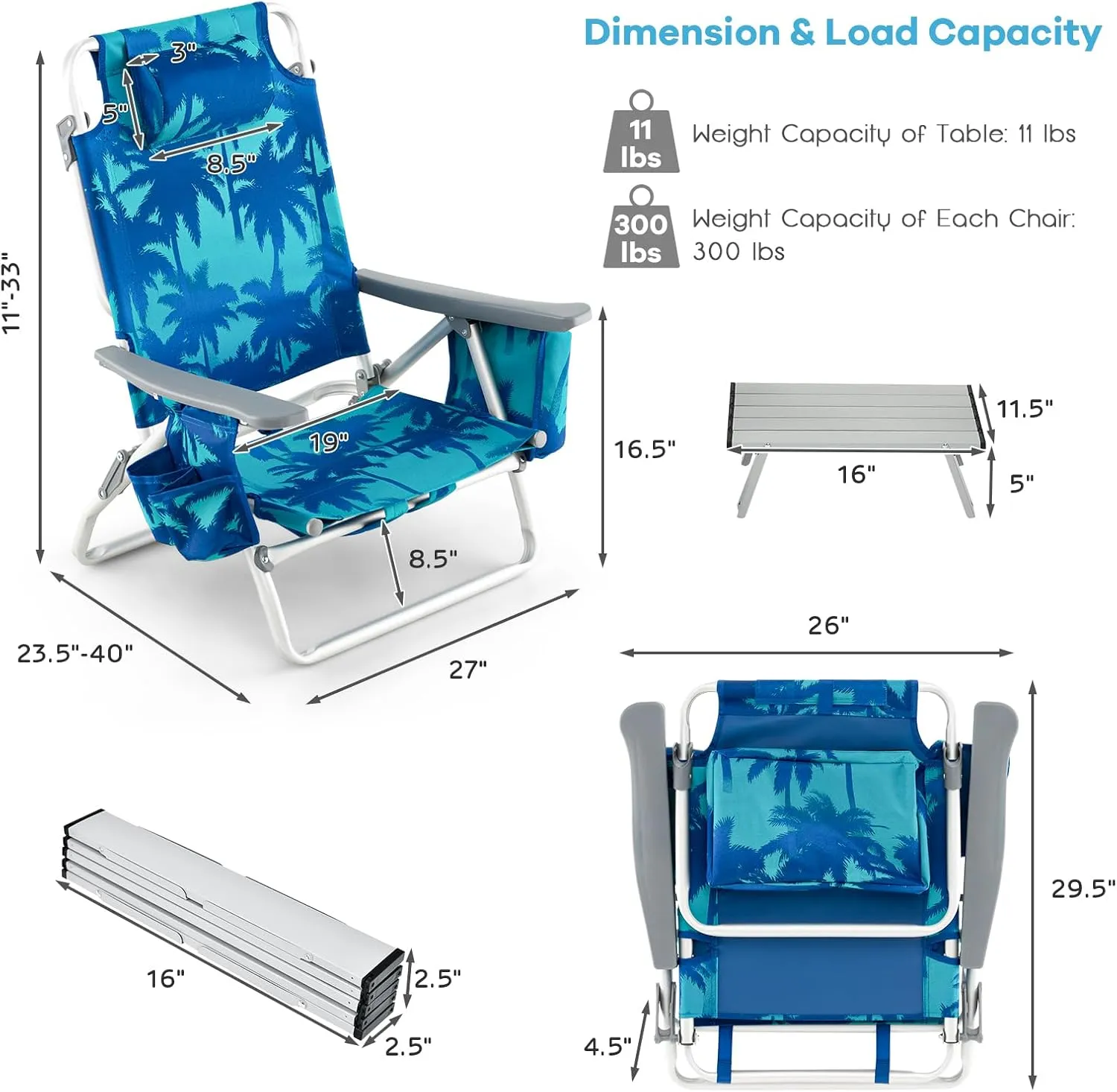 Backpack Beach Chairs Set, 5-Position Lawn Chair & Small Aluminum Table w/Cup Holder, Cooler Bag, Heavy Duty Lay Flat Folding Camping Chairs 3PCS for Fishing & Sunbathing