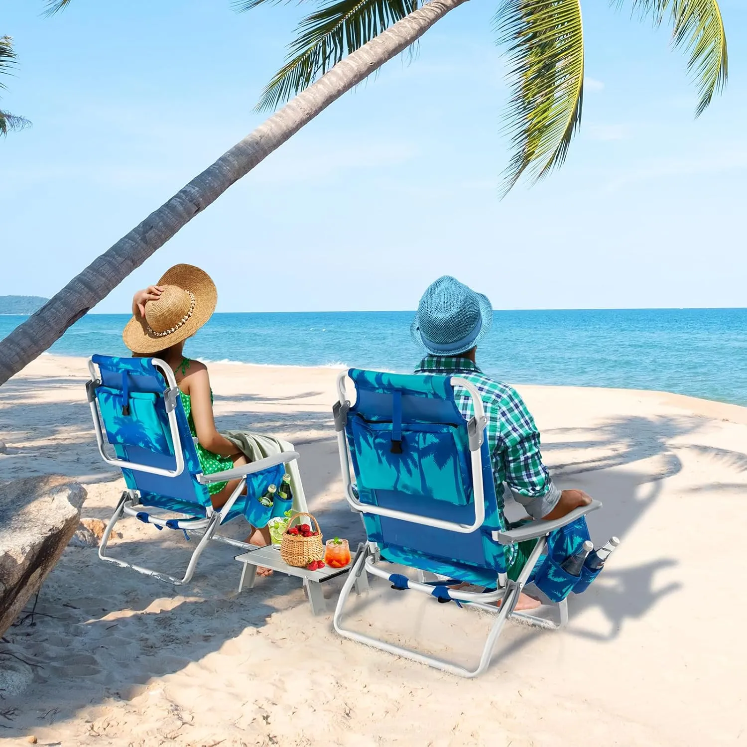 Backpack Beach Chairs Set, 5-Position Lawn Chair & Small Aluminum Table w/Cup Holder, Cooler Bag, Heavy Duty Lay Flat Folding Camping Chairs 3PCS for Fishing & Sunbathing