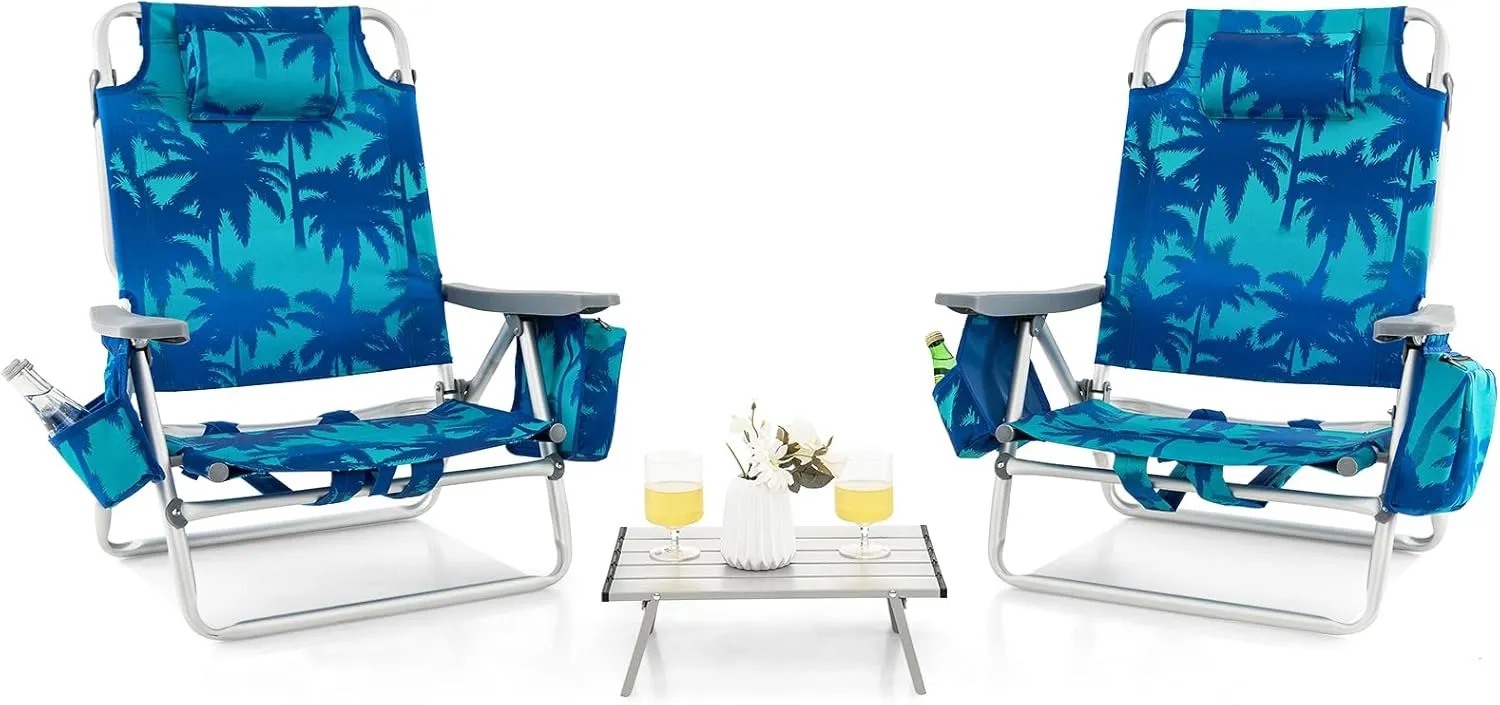 Backpack Beach Chairs Set, 5-Position Lawn Chair & Small Aluminum Table w/Cup Holder, Cooler Bag, Heavy Duty Lay Flat Folding Camping Chairs 3PCS for Fishing & Sunbathing