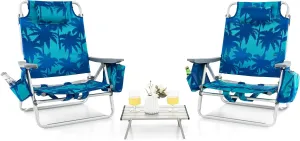 Backpack Beach Chairs Set, 5-Position Lawn Chair & Small Aluminum Table w/Cup Holder, Cooler Bag, Heavy Duty Lay Flat Folding Camping Chairs 3PCS for Fishing & Sunbathing