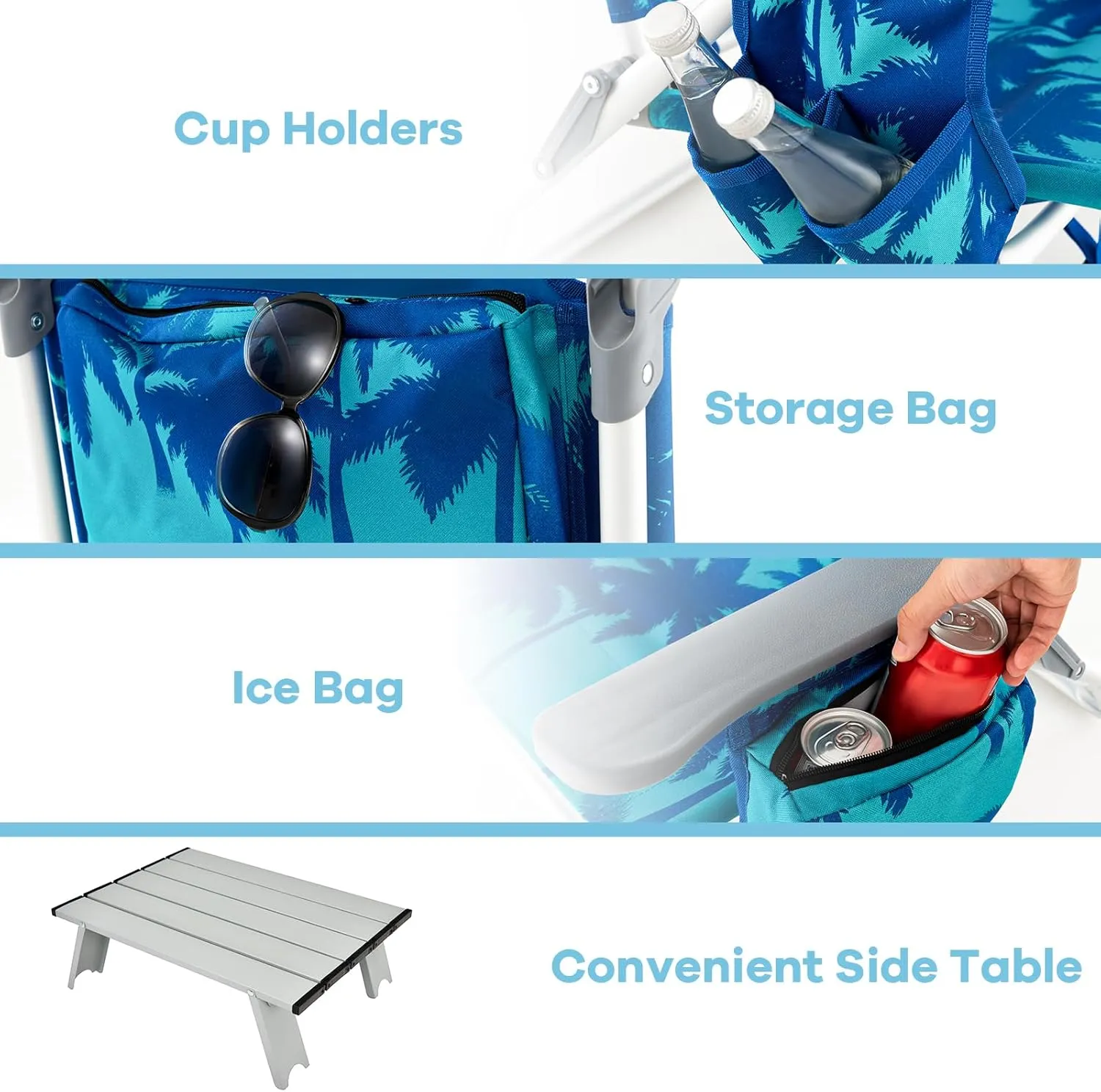 Backpack Beach Chairs Set, 5-Position Lawn Chair & Small Aluminum Table w/Cup Holder, Cooler Bag, Heavy Duty Lay Flat Folding Camping Chairs 3PCS for Fishing & Sunbathing
