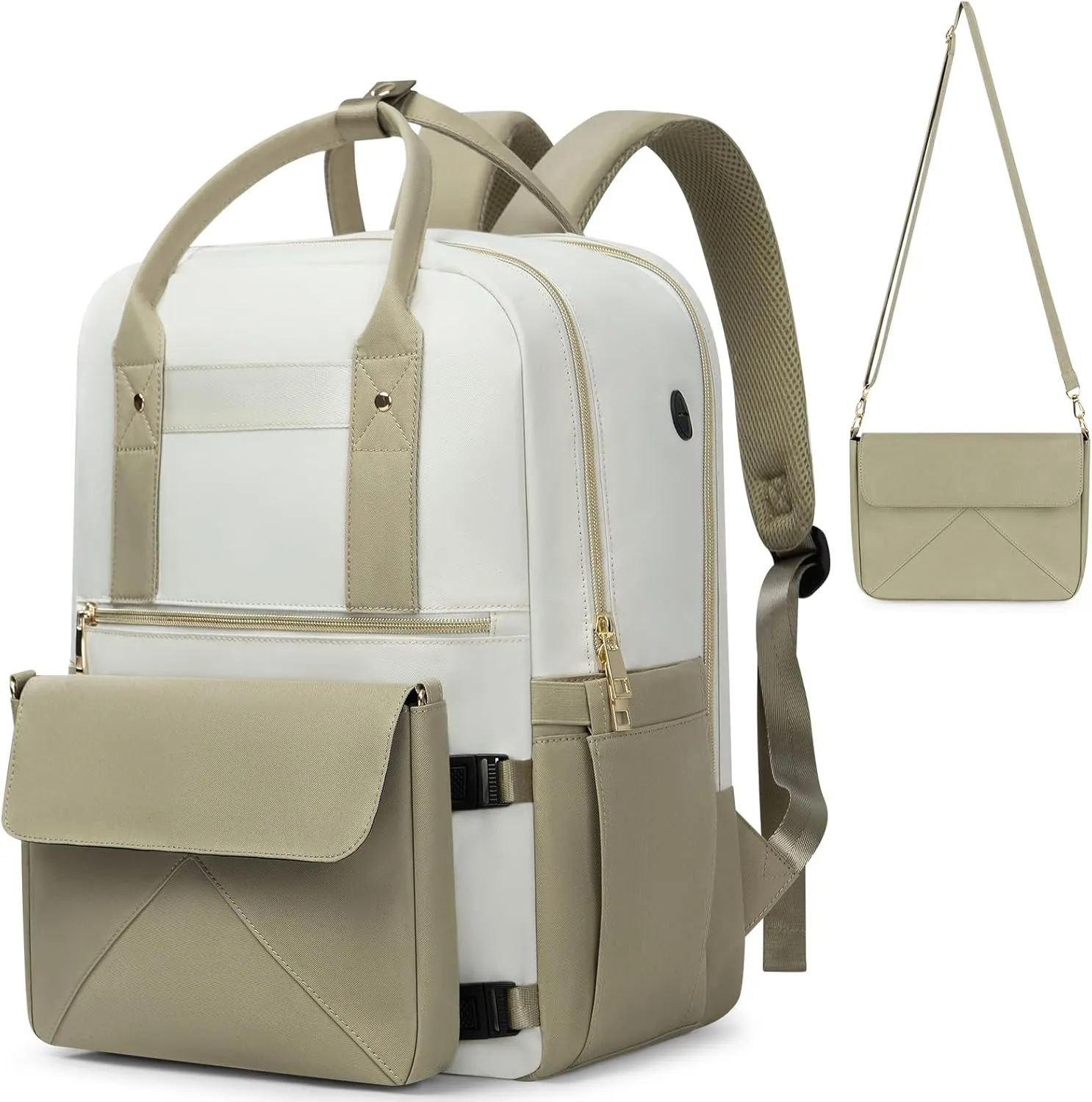 Backpack for Women, 15.6 Inch Laptop Travel Backpacks Bag with USB Port, Work Business Nurse Teacher Bags College Bookbag for School, Casual Daypack for Travel, Khaki White